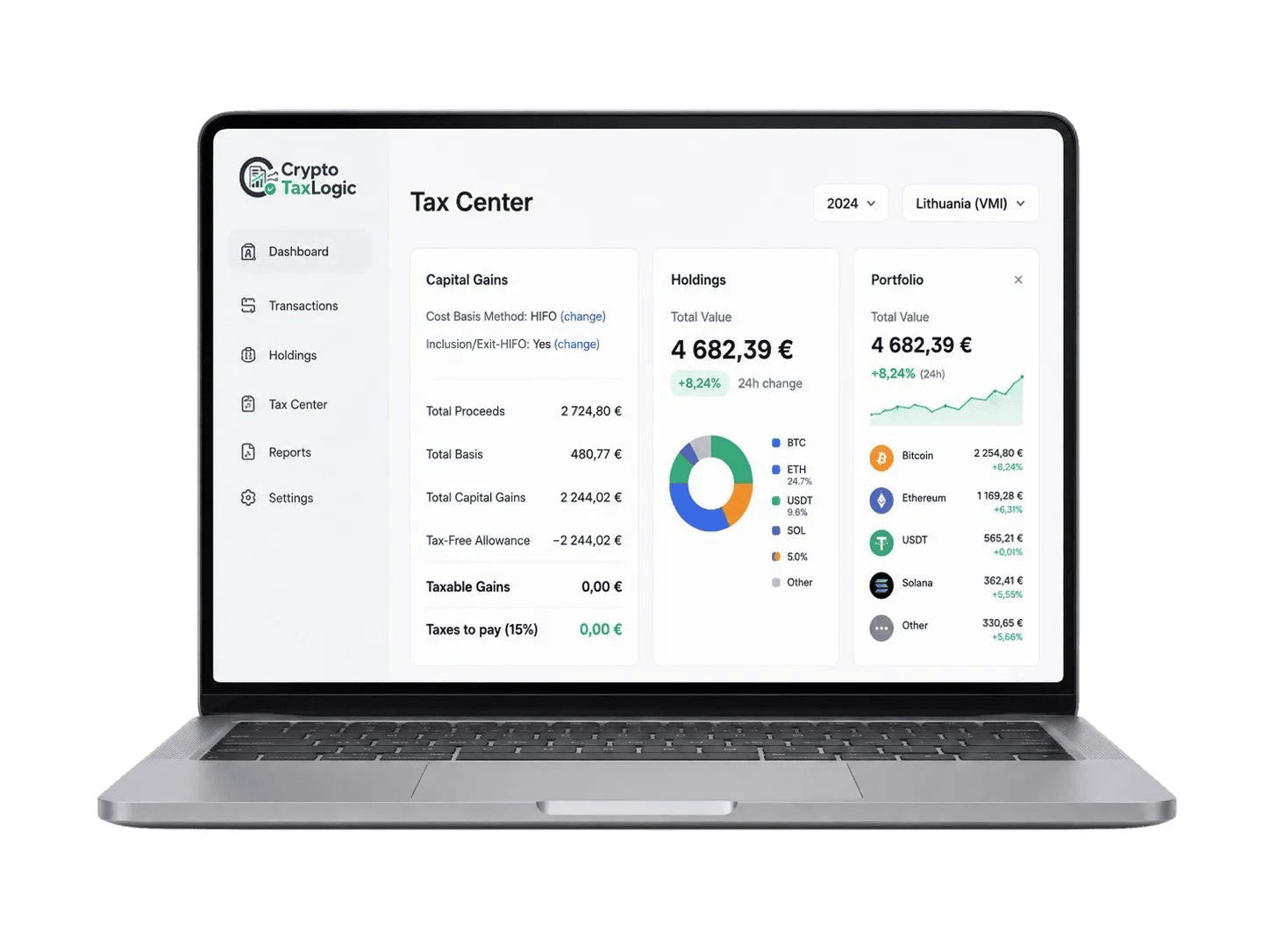 Crypto tax dashboard displayed on a laptop